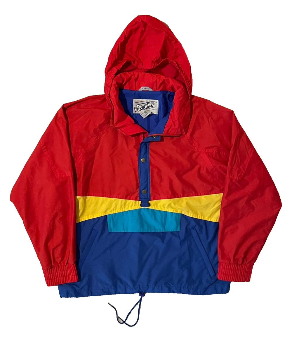 Vintage Mens L Blue Red Colorblock Anorak Hooded Windbreaker Snap Jacket Retro